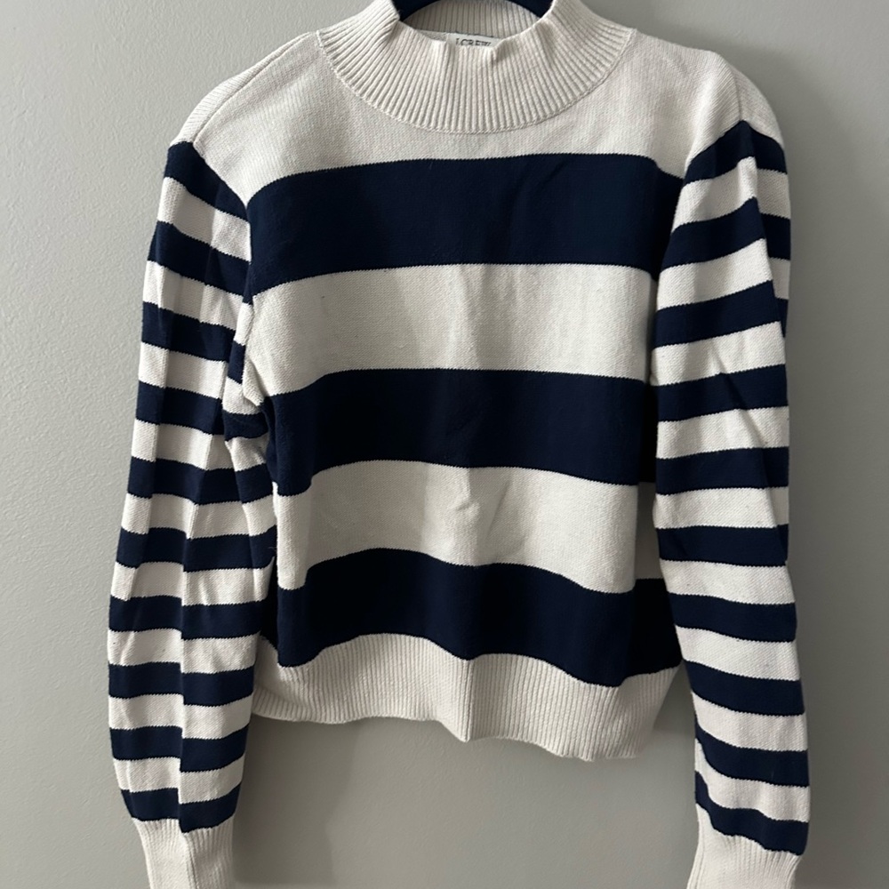 J. Crew Blue and White Striped Crew Neck Sweater